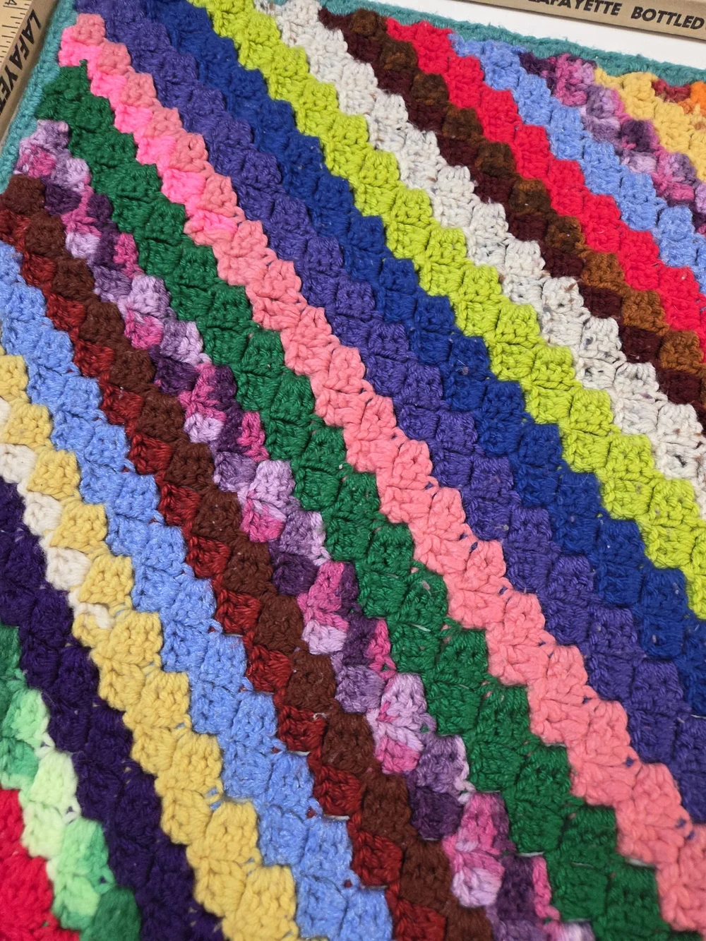 Handmade Multicolor Crochet Lap Blanket - Teal Trim